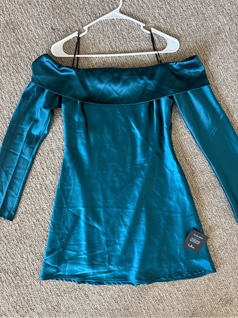 Lulu’s Off-Shoulder Teal Satin Mini Dress